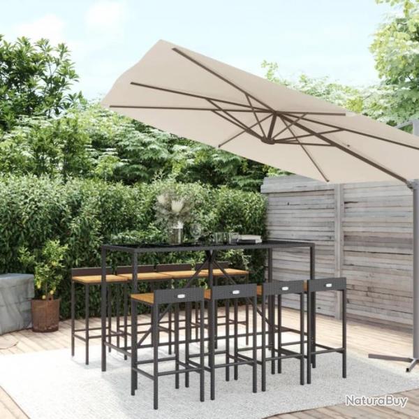 bar jardin 9 pcs noir poly rotin/bois massif acacia