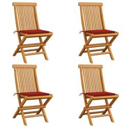 Chaises de jardin avec coussins rouge 4 pcs Bois de teck massif