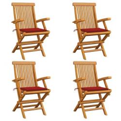 Chaises de jardin avec coussins rouge 4 pcs Bois de teck massif