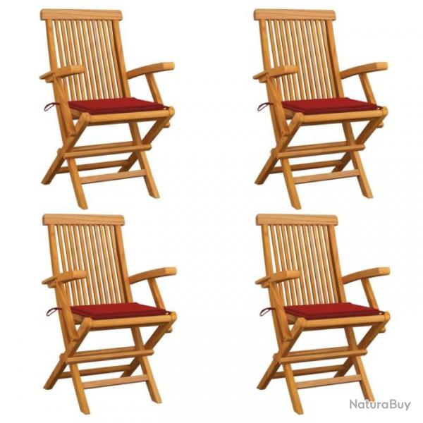 Chaises de jardin avec coussins rouge 4 pcs Bois de teck massif