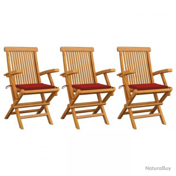 Chaises de jardin avec coussins rouge 3 pcs Bois de teck massif