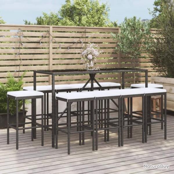 bar de jardin 11 pcs avec coussins noir poly rotin