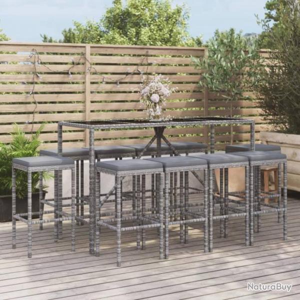 bar de jardin 11 pcs avec coussins gris poly rotin