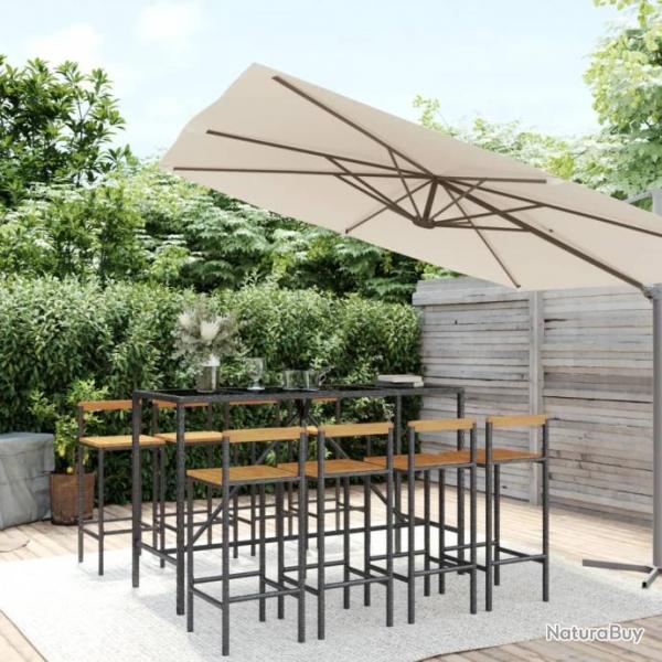 bar jardin 9 pcs noir poly rotin/bois massif acacia