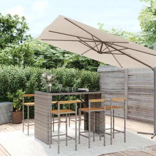 bar jardin 7 pcs gris poly rotin/bois massif acacia