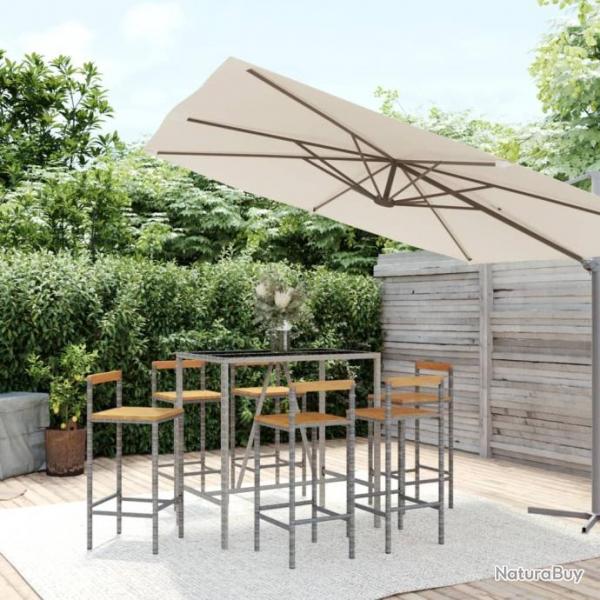 bar jardin 7 pcs gris poly rotin/bois massif acacia