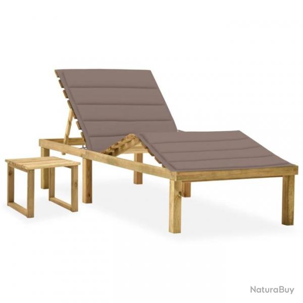 Chaise longue de jardin avec table et coussin Pin imprgn