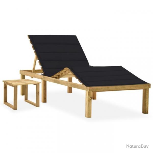 Chaise longue de jardin avec table et coussin Pin imprgn