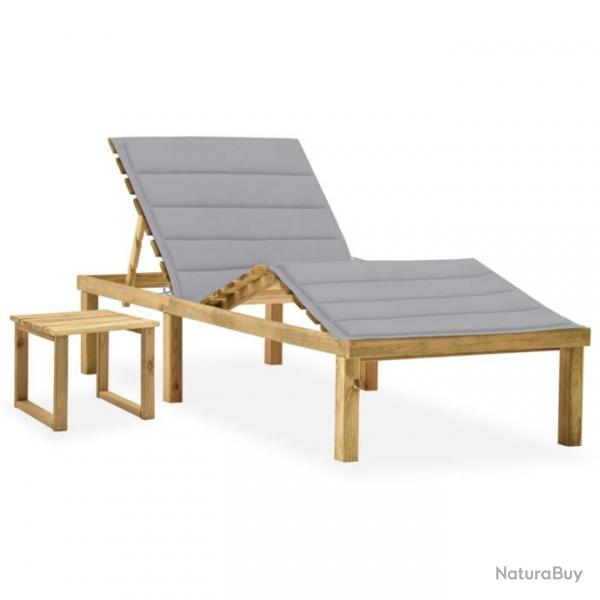 Chaise longue de jardin avec table et coussin Pin imprgn