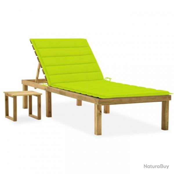 Chaise longue de jardin avec table et coussin Pin imprgn