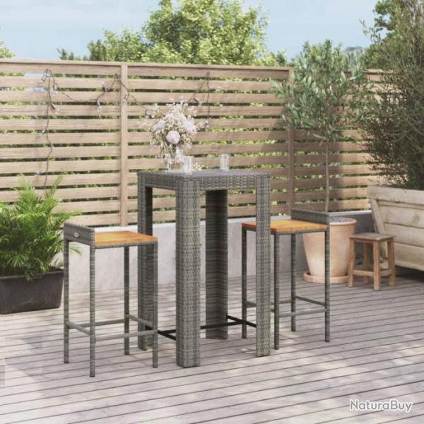 bar jardin 3 pcs gris poly rotin/bois massif acacia