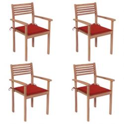 Chaises de jardin 4 pcs avec coussins rouge Bois de teck solide