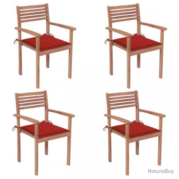 Chaises de jardin 4 pcs avec coussins rouge Bois de teck solide