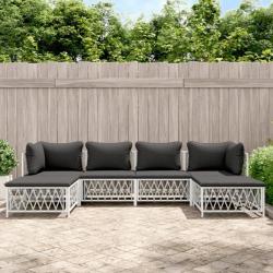 Salon de jardin avec coussins 6 pcs blanc acier