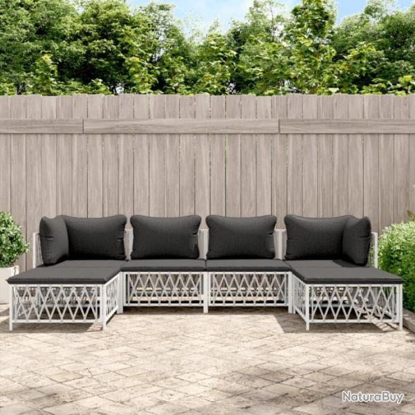 Salon de jardin avec coussins 6 pcs blanc acier