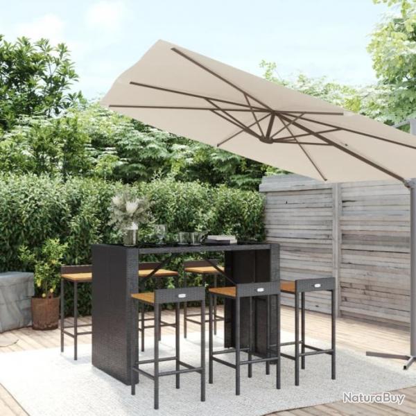 bar jardin 7 pcs noir poly rotin/bois massif acacia