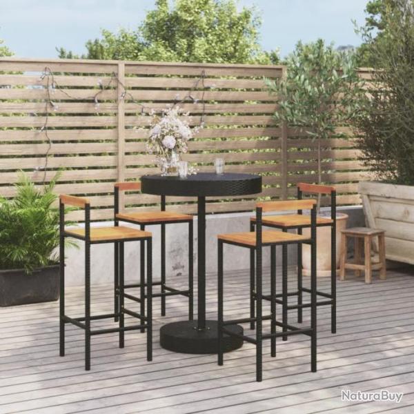 bar jardin 5 pcs noir poly rotin/bois massif acacia