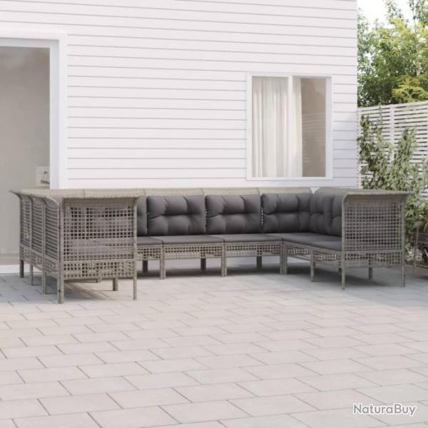 Salon de jardin 9 pcs avec coussins Gris Rsine tresse