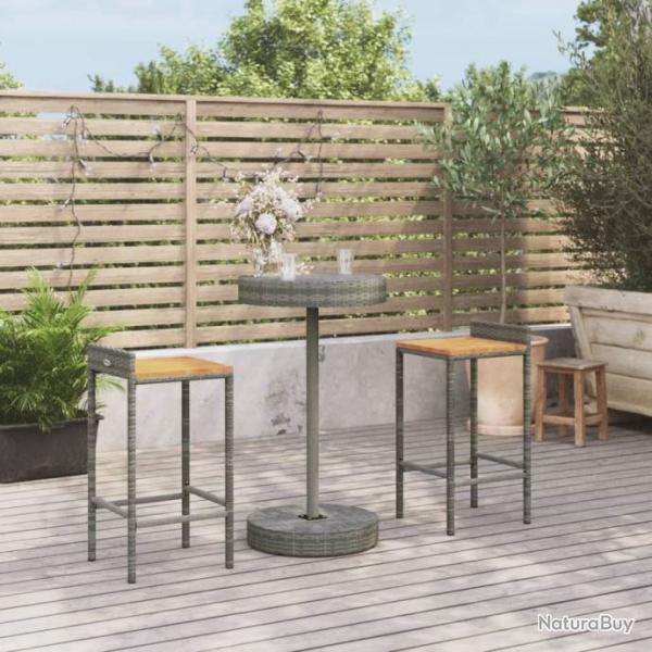 bar jardin 3 pcs gris poly rotin/bois massif acacia