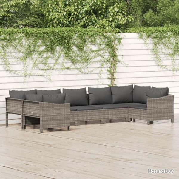 Salon de jardin 7 pcs avec coussins Gris Rsine tresse