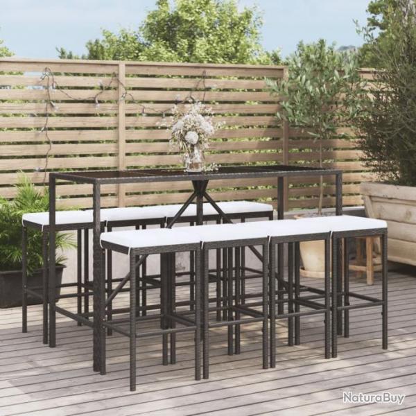 bar de jardin 9 pcs avec coussins noir poly rotin