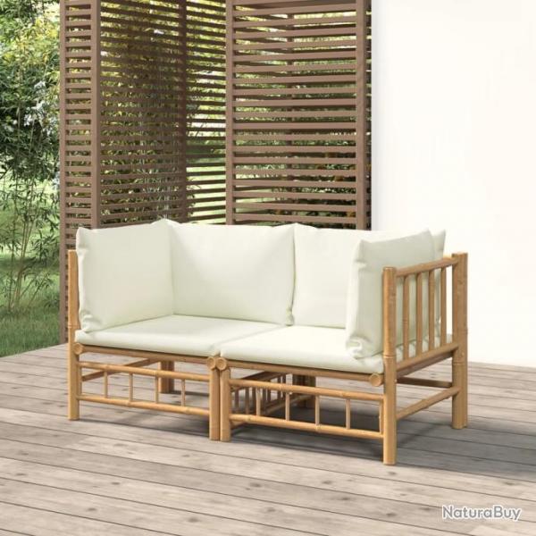 Canaps d'angle de jardin avec coussins blanc crme 2pcs bambou