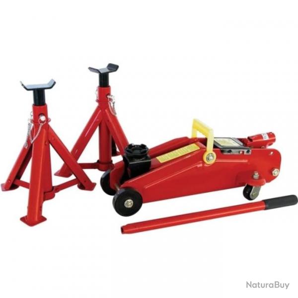 Cric de type rouleur et 2 supports d'essieu 2000 kg Rouge