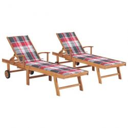 Chaises longues 2 pcs avec coussin carreaux rouge Teck solide