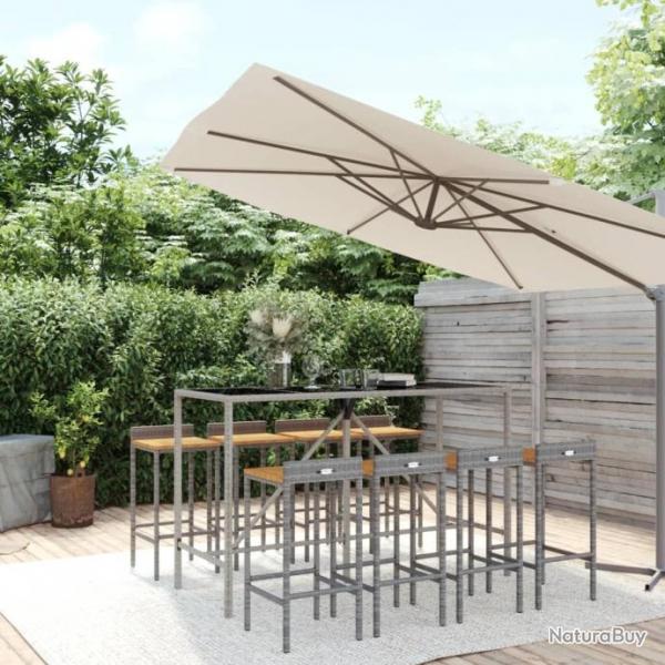 bar jardin 9 pcs gris poly rotin/bois massif acacia