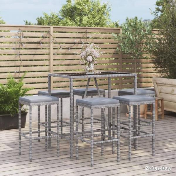 bar de jardin 7 pcs avec coussins gris poly rotin