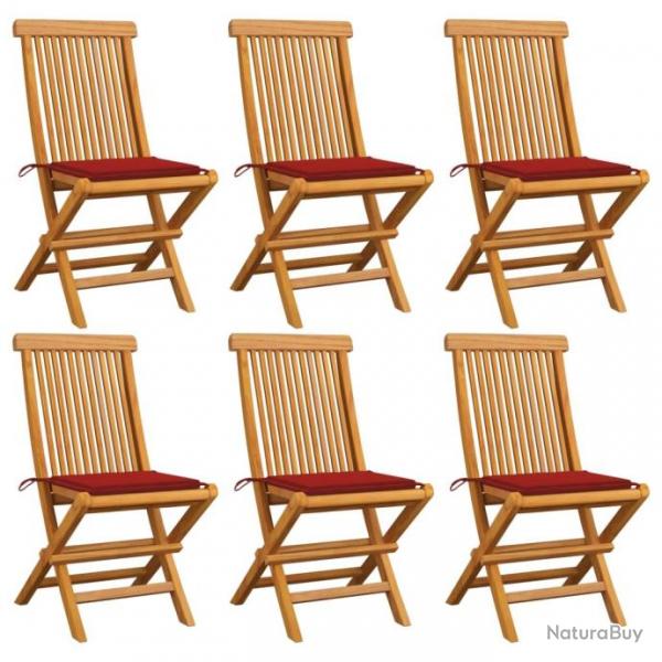 Chaises de jardin avec coussins rouge 6 pcs Bois de teck massif