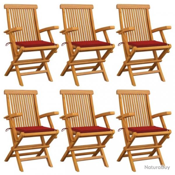 Chaises de jardin avec coussins rouge 6 pcs Bois de teck massif