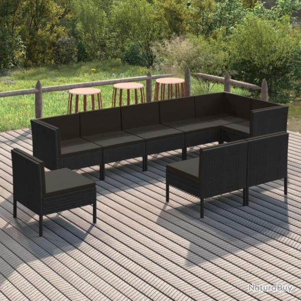 Salon de jardin 9 pcs avec coussins Rsine tresse Noir