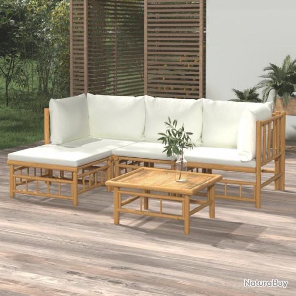 Salon de jardin 5 pcs avec coussins blanc crme bambou