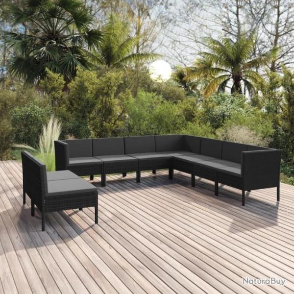 Salon de jardin 9 pcs avec coussins Rsine tresse Noir