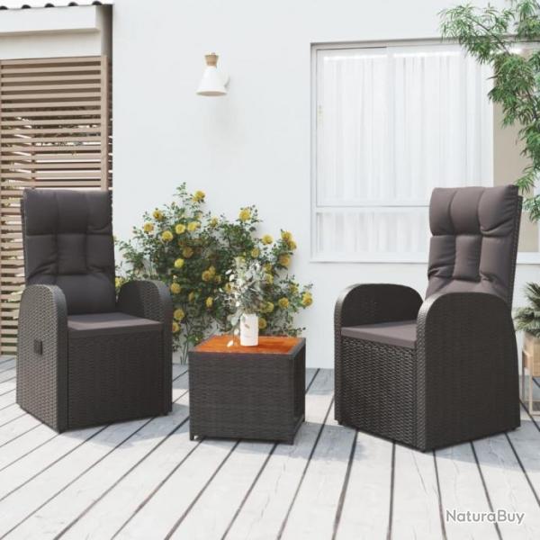 salon de jardin 3 pcs noir poly rotin et acacia