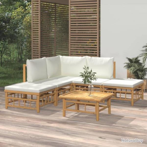 Salon de jardin 6 pcs avec coussins blanc crme bambou