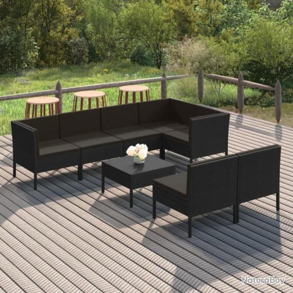 Salon de jardin 8 pcs avec coussins Rsine tresse Noir