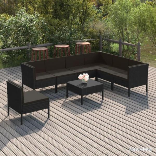 Salon de jardin 8 pcs avec coussins Rsine tresse Noir