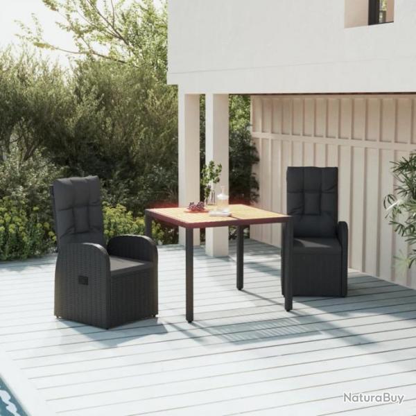 Ensemble de salle  manger de jardin avec coussins 3 pcs Noir