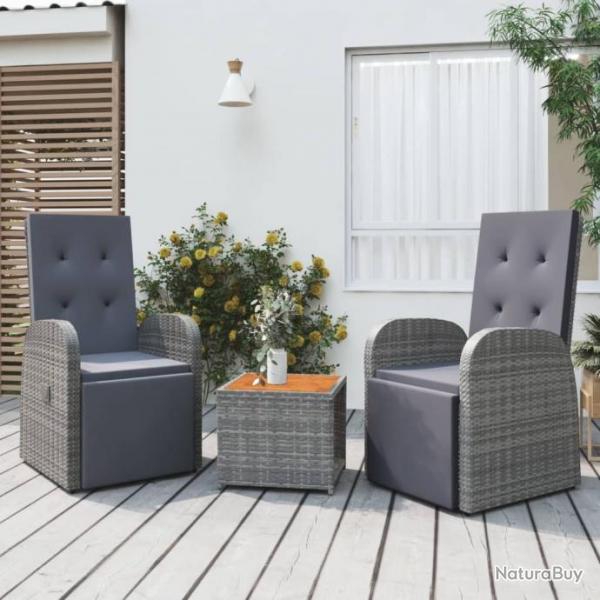 salon de jardin 3 pcs gris poly rotin et acacia