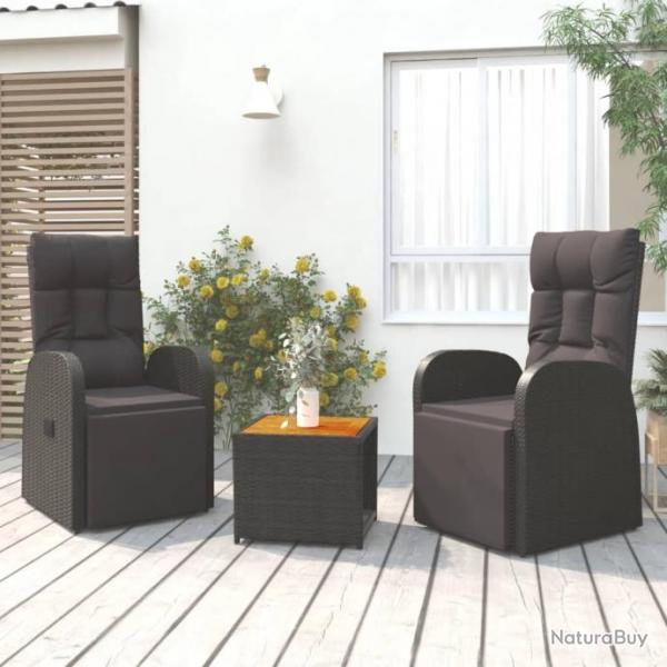 salon de jardin 3 pcs noir poly rotin et acacia