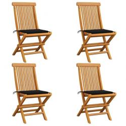 Chaises de jardin avec coussins noir 4 pcs Bois de teck massif