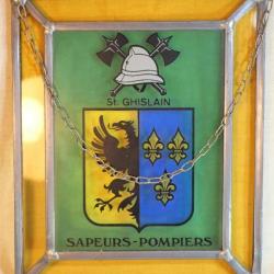 Belle plaque pompier vitrail belge St Guilain Sapeurs-pompiers