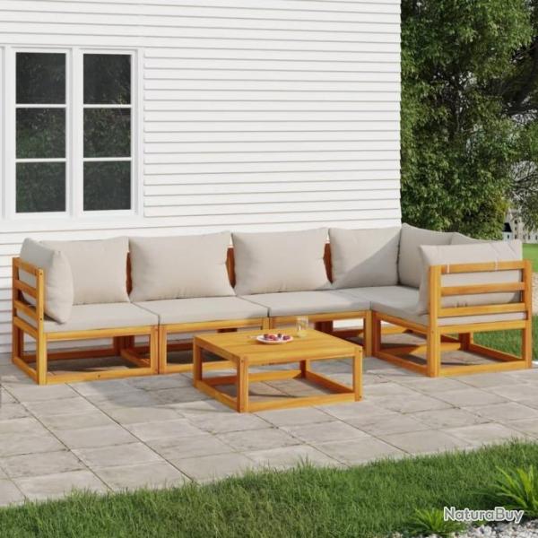 Salon de jardin 6 pcs avec coussins gris clair bois massif