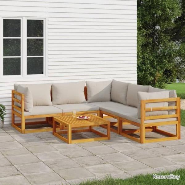 Salon de jardin 6 pcs avec coussins gris clair bois massif