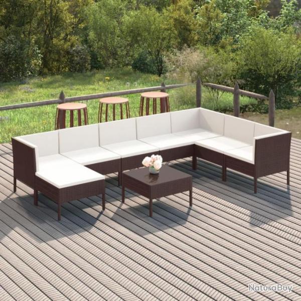 Salon de jardin 9 pcs avec coussins Rsine tresse Marron