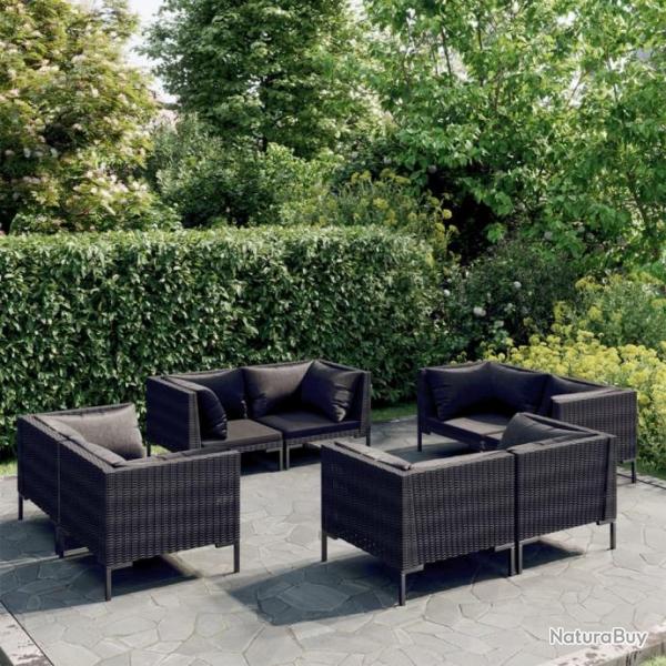 Salon de jardin 8 pcs avec coussins Rsine tresse Gris fonc