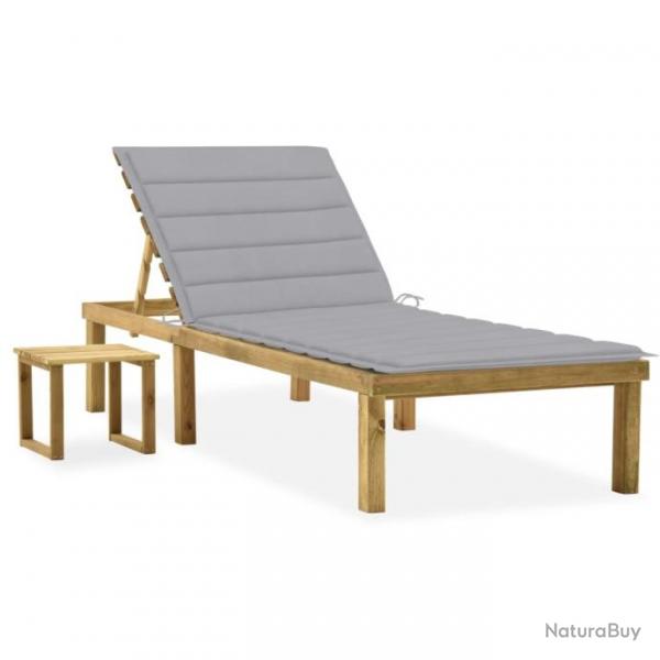 Chaise longue de jardin avec table et coussin Pin imprgn