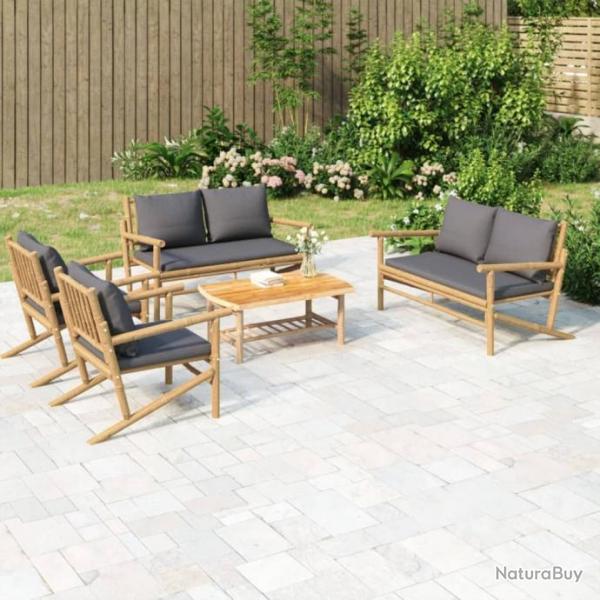 Salon de jardin 5 pcs avec coussins gris fonc bambou